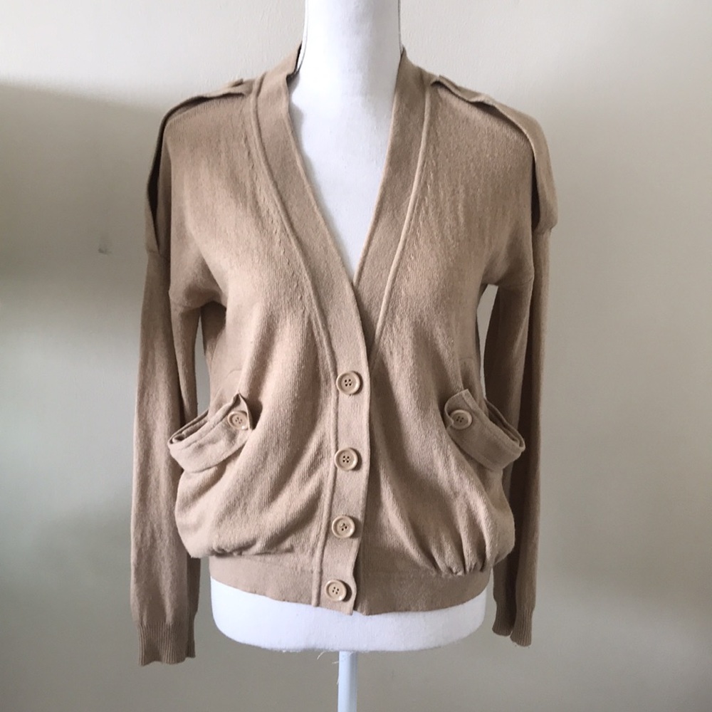 Tan trendy preppy button wool cardigan